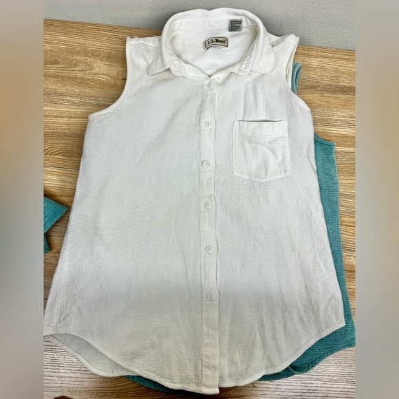 Vintage LL Bean Top Size 8 Aqua Blue and White Cotton Sleeveless Tunic Button Up - Picture 5 of 8